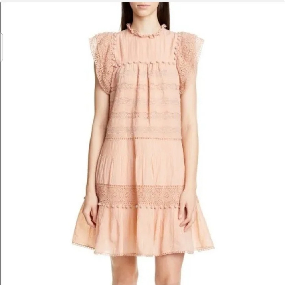 SOLD - Ulla Johnson Nora Blush Pink Crochet Pom Pom Flutter Sleeve Dress